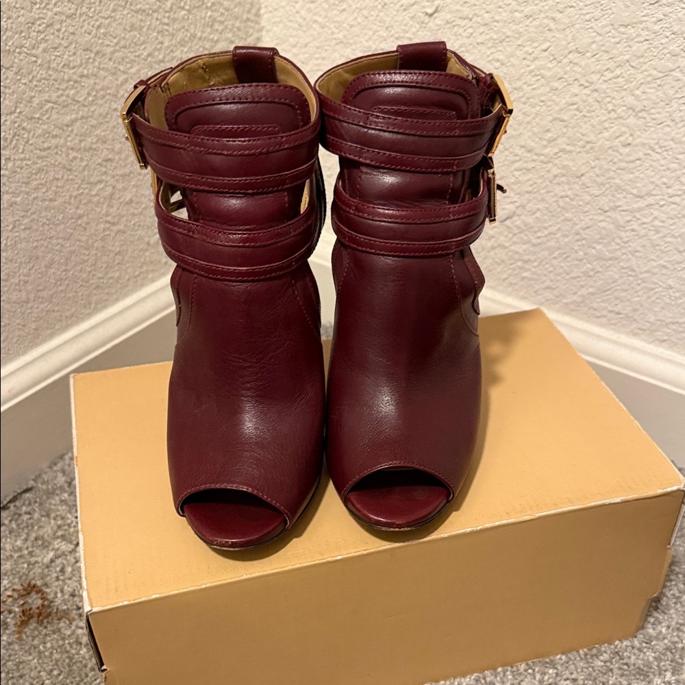 Michael Kors Burgundy Peep-Toe Strap Ankle Booties